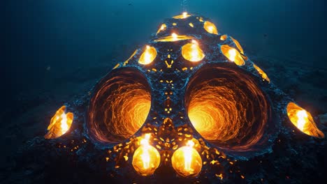 an ancient underwater structure glowing with fiery orbs of light, illuminating the deep ocean floor and creating a mysterious, enigmatic atmosphere in an undersea landscape