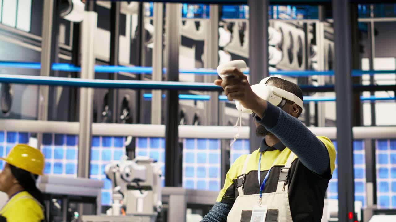Vertical video Smart factory specialist using virtual reality simulation to predict failures