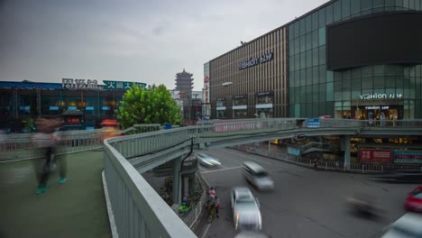 day time wuhan city pedestrian bridge traffic crossroad panorama 4k time lapse china