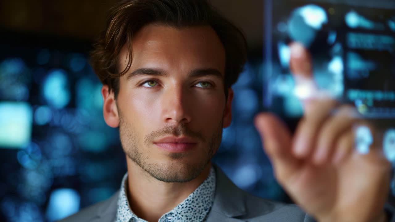 A focused individual analyzing data on a transparent screen, demonstrating innovation and technology in a modern environment with attention to detail and analysis