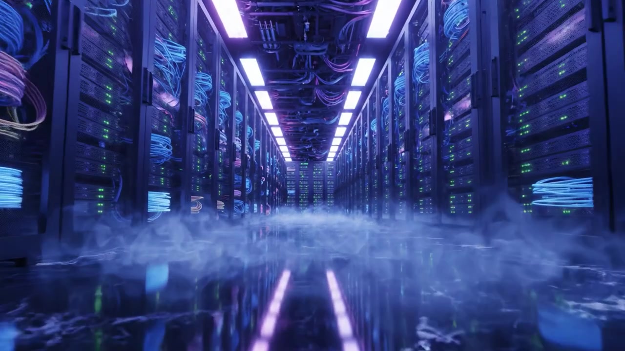 Futuristic Data Center Environment Showcasing Advanced Server Technology and Network Infrastructure with Thematic Lighting and Atmospheric Effects