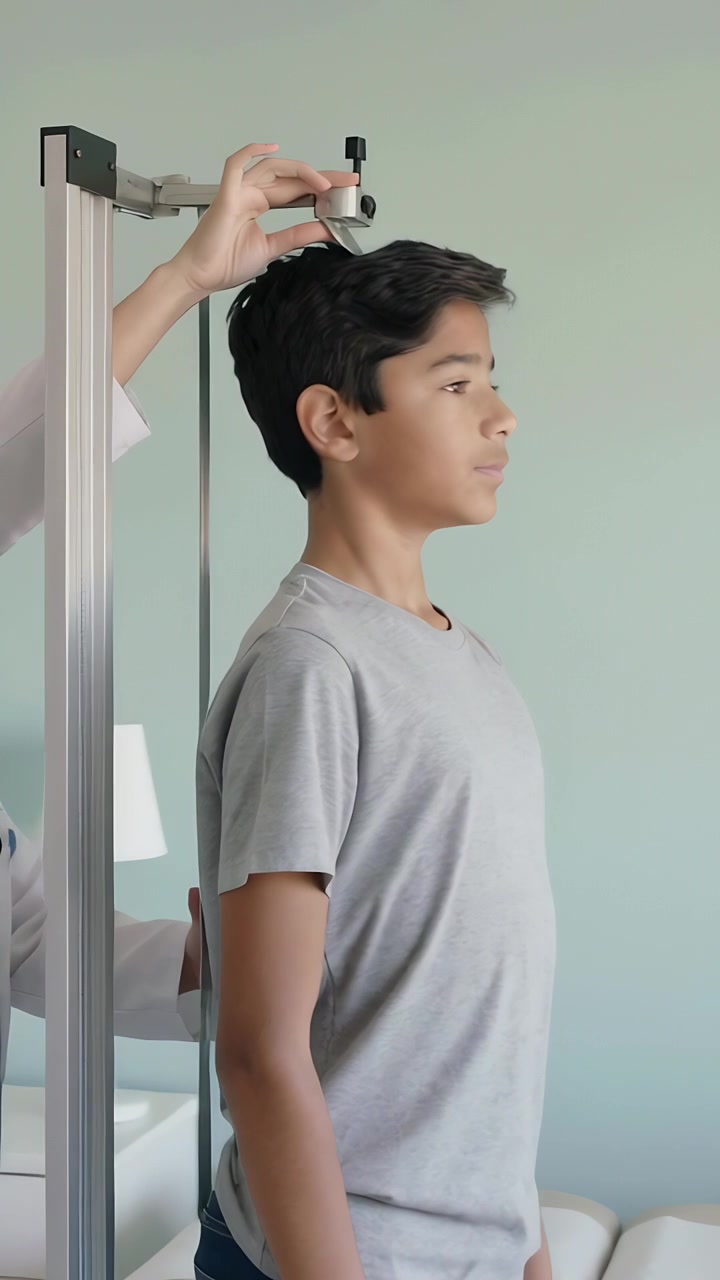 Vertical video: Lowering doctor in white coat adjusting headpiece on teen at clinic, taking height