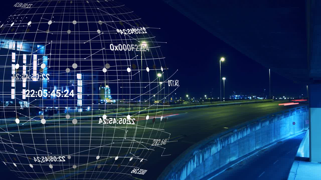 On data feed update transparent globe rotating over nighttime freeway, showing traffic flow data