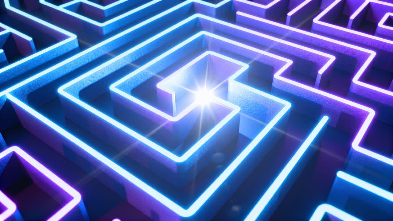 Un labirinto lampeggiante rivestito di neon che pulsa con luci in movimento e un bagliore a stella su un pavimento lucido in studio.