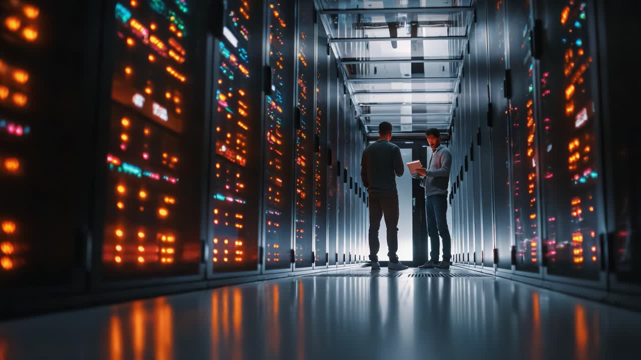 In the Heart of Digital Operations: Two Technicians Collaborate in a Server Room, Overseeing Data Flow and System Performance Amidst Flashing Indicators and Advanced Technology