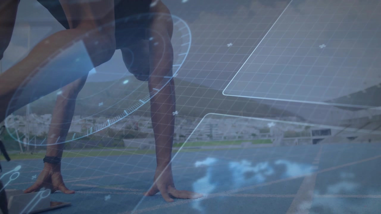 Sprinter receiving start cue, launching into sprint and powering sports analytics via HUD overlays
