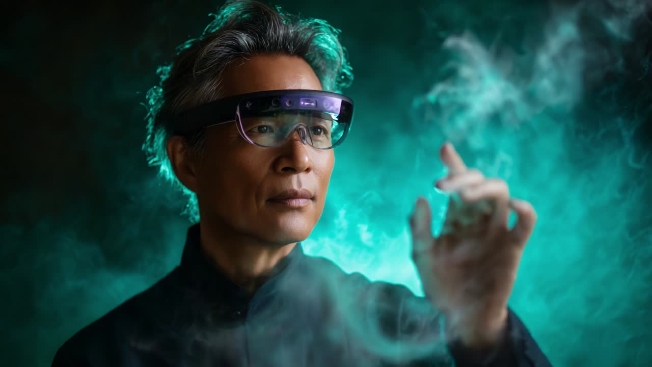 An Introspective Journey into the Future: A Visionary Utilizing Advanced Augmented Reality Glasses to Interact with Holographic Elements in a Mystical Atmosphere of Smoke and Light