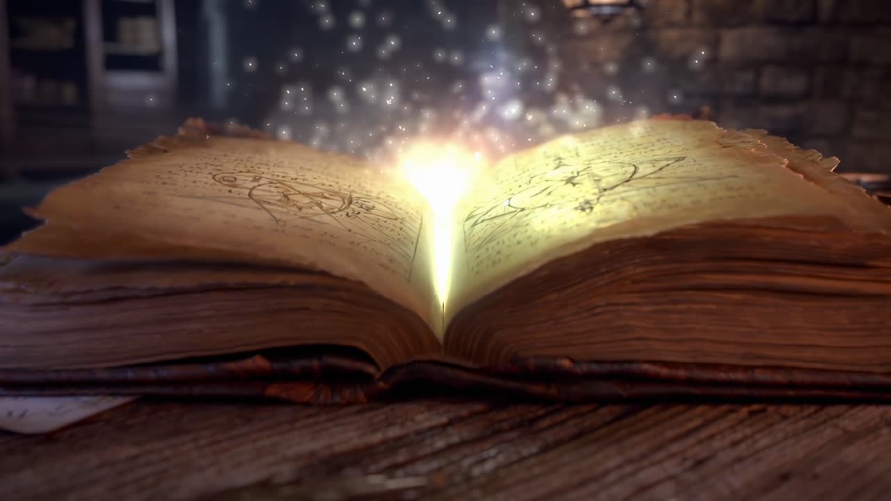 Libro magico su tavolo di legno, pagine luminose, angolazione dal basso, stile video cinematografico