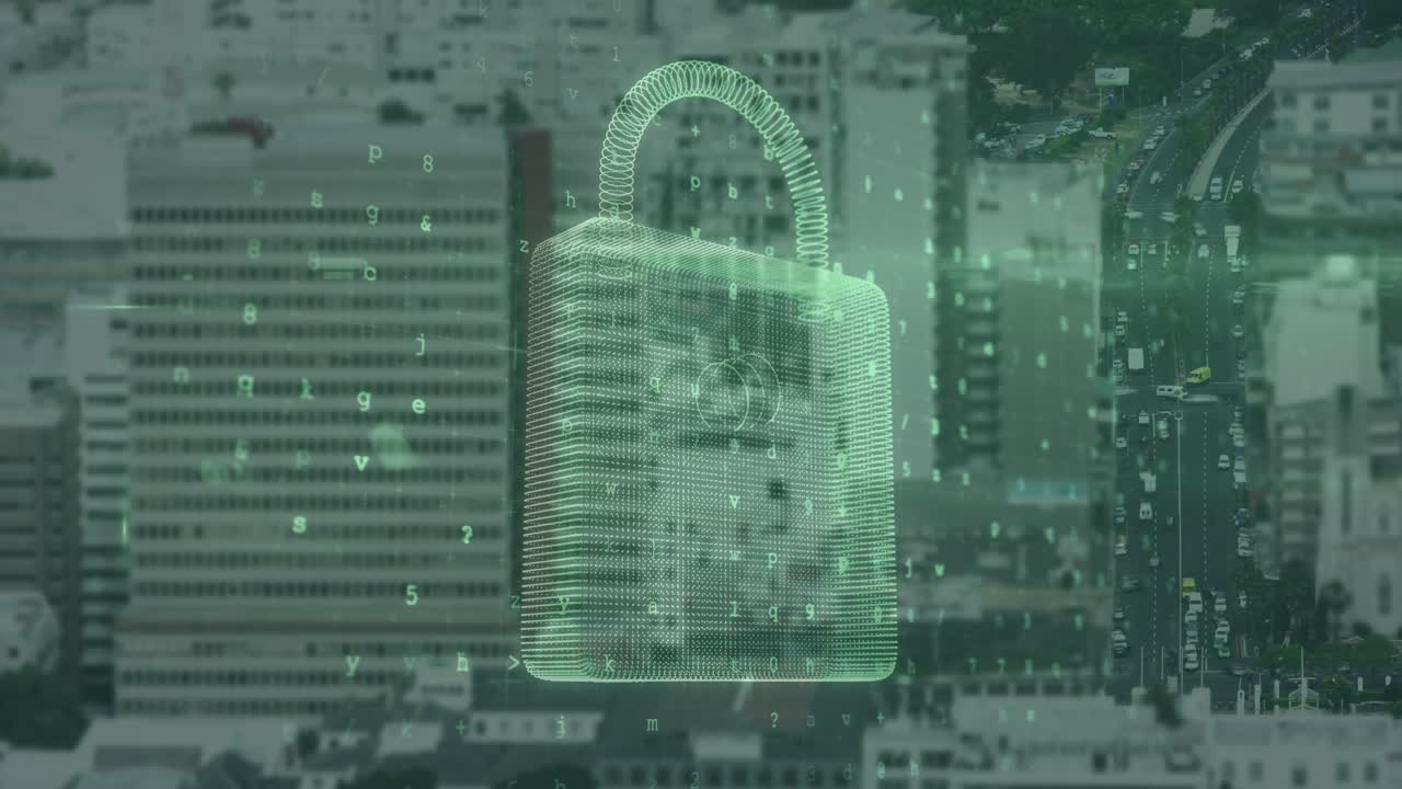 Animazione di elaborazione dati e lucchetto su un paesaggio urbano