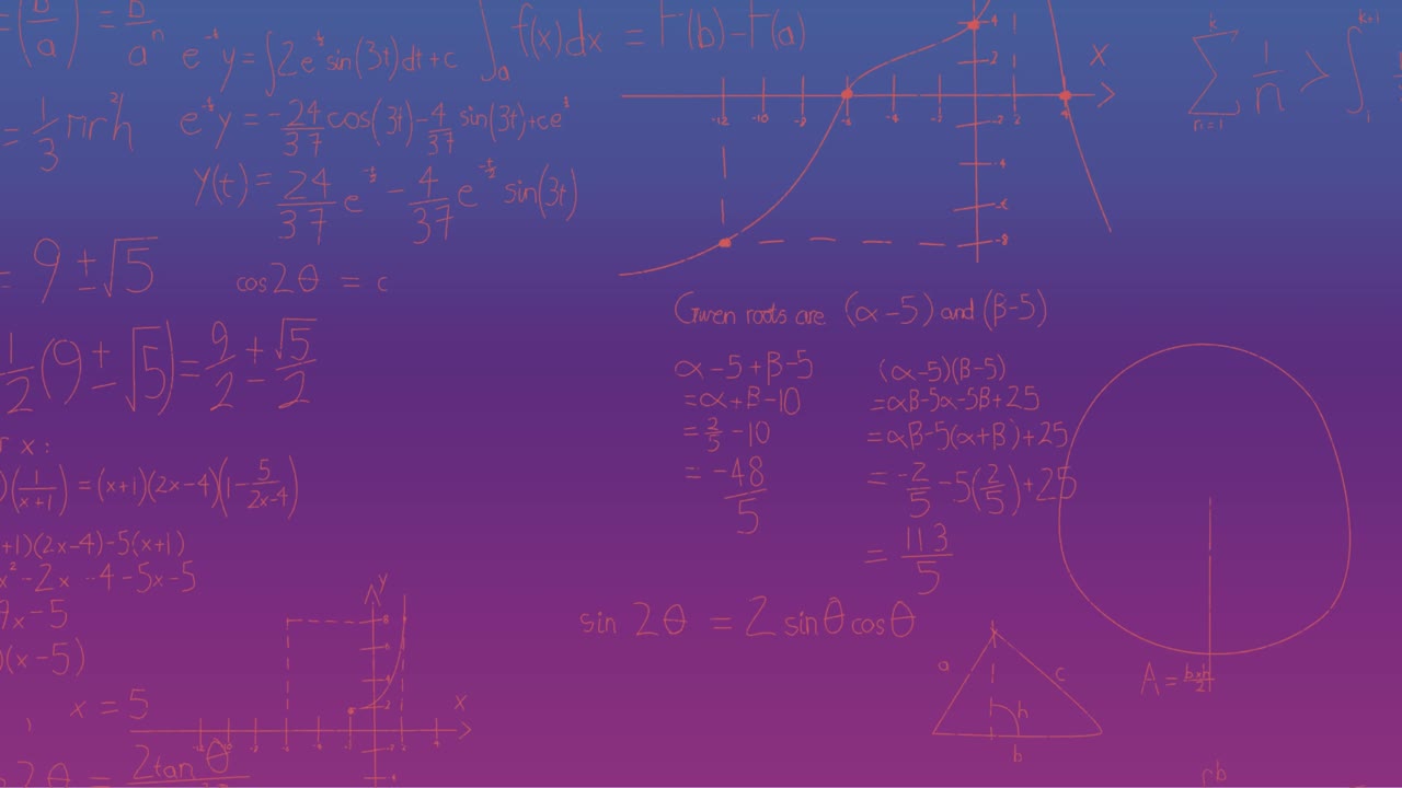 Animation of handwritten mathematical formulae over blue to purple background