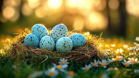 blue speckled eggs in a natural nest. nest holds blue speckled eggs surrounded by daisies, glowing in warm sunlight during a serene spring afternoon.