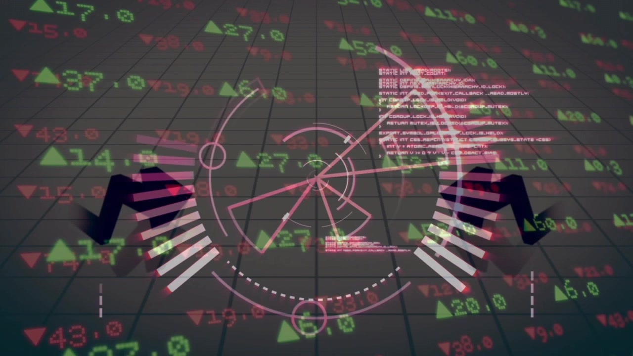 market tickers scrolling starting pink radial UI building bars emerging visualizing trends