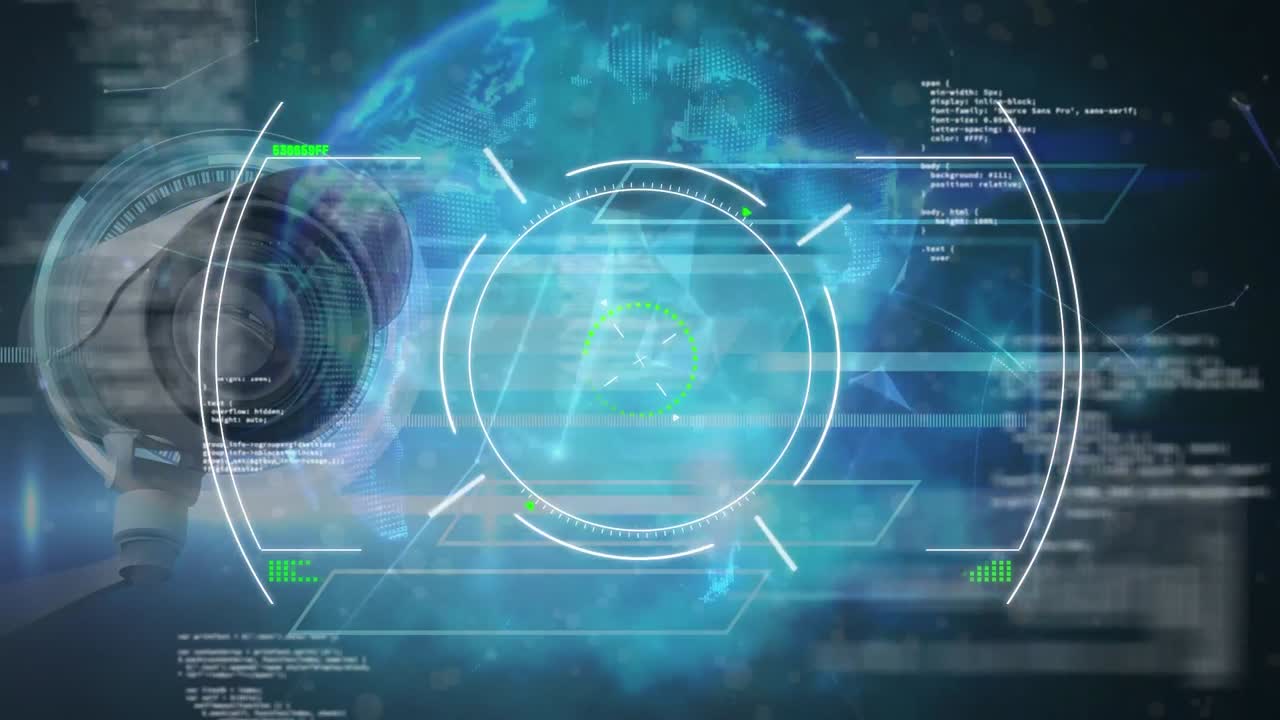 animazione di telecamere di sorveglianza con scansione dello scopo e informazioni che fluiscono sullo sfondo