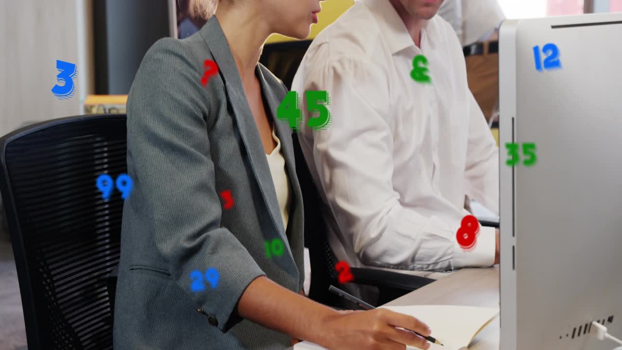 Woman leaning speaking, male gesturing while badges piling over subjects tracking marketing stats