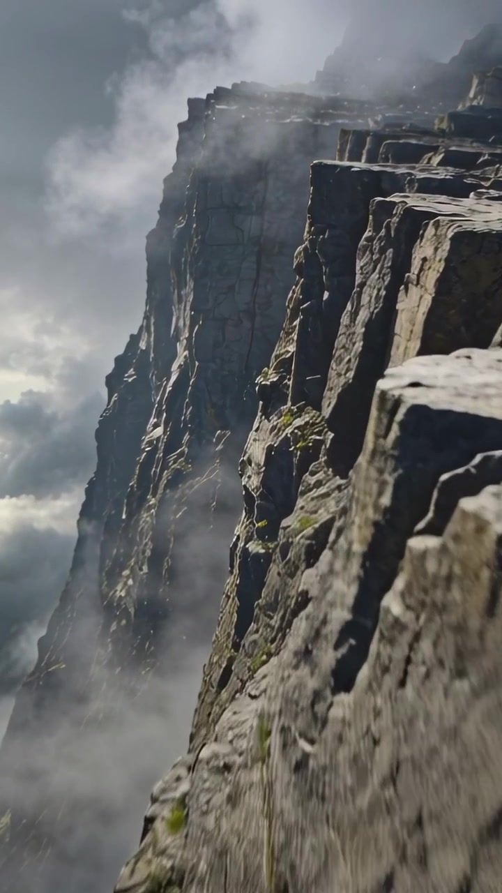Video verticale: Drone in movimento che parte oltre una scogliera a picco, mostrando nebbia, sporgenze e piante per i dettagli.