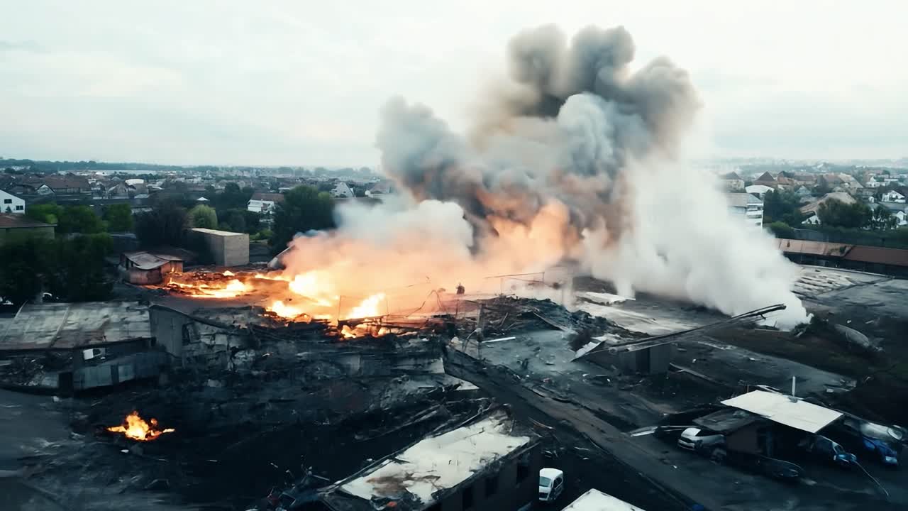 gran edificio industrial envuelto en llamas, emitiendo una enorme columna de humo denso, visible desde una perspectiva aérea