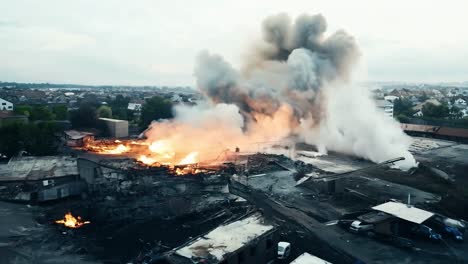 large industrial building engulfed in flames, emitting a massive column of dense smoke, visible from an aerial perspective