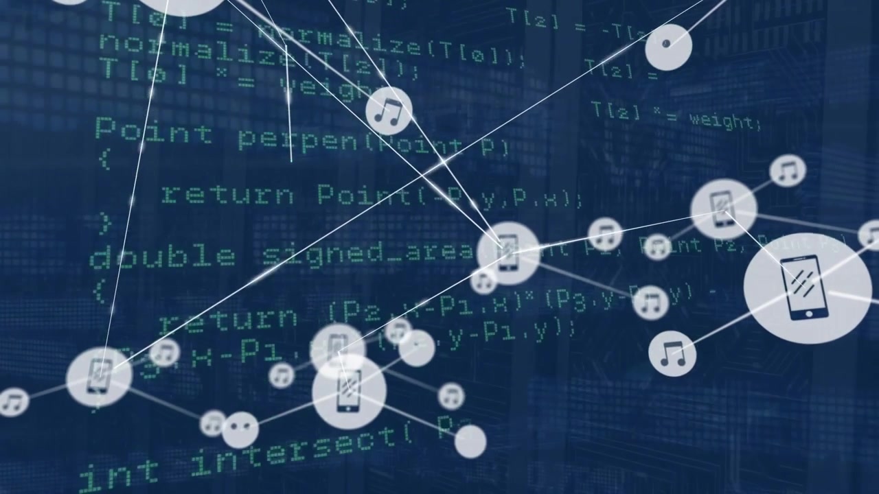 Цифровое сетевое соединение со смартфоном и музыкальными иконками поверх программного кода