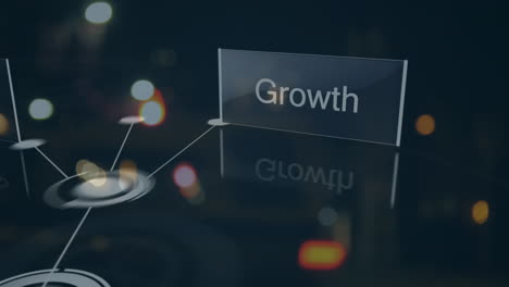 animation of business text and network of connections on bokeh city lights at night in background