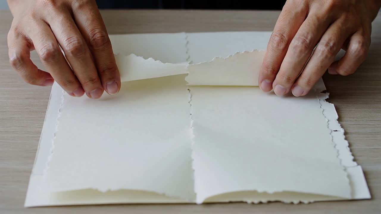 Pair of hands pinching center seam, lifting torn paper flaps to align edges on tabletop