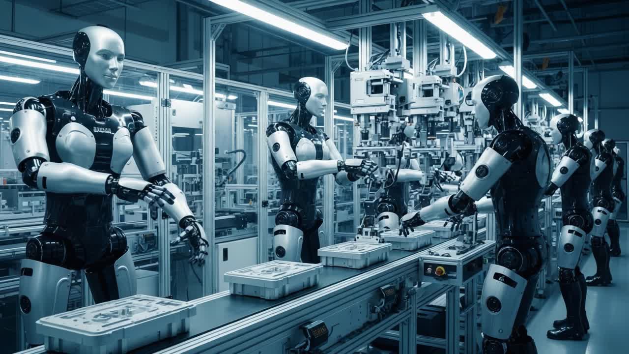 Advanced Robotics in Manufacturing: A Glimpse into Automation with Humanoid AIs Collaborating on Production Lines in a High-Tech Environment