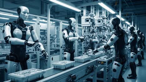 advanced robotics in manufacturing: a glimpse into automation with humanoid ais collaborating on production lines in a high-tech environment