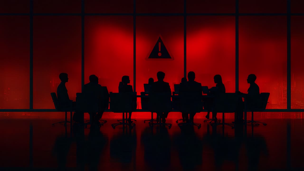 A group of individuals gathered around a conference table, illuminated by a striking red warning sign, highlighting a sense of urgency and caution in a corporate decision-making environment