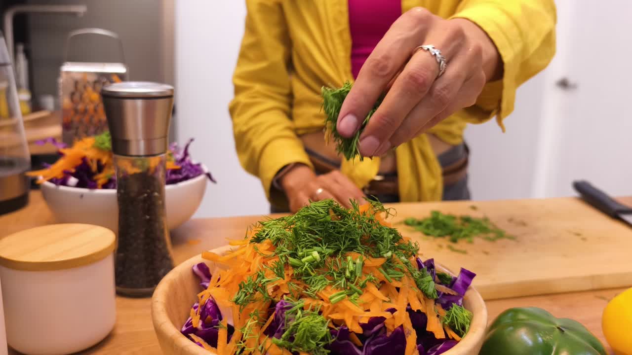 건강 한 채소 러드를 준비 하는 여자