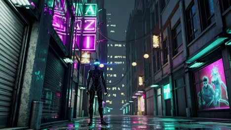 escena callejera de la noche cyberpunk con un robot