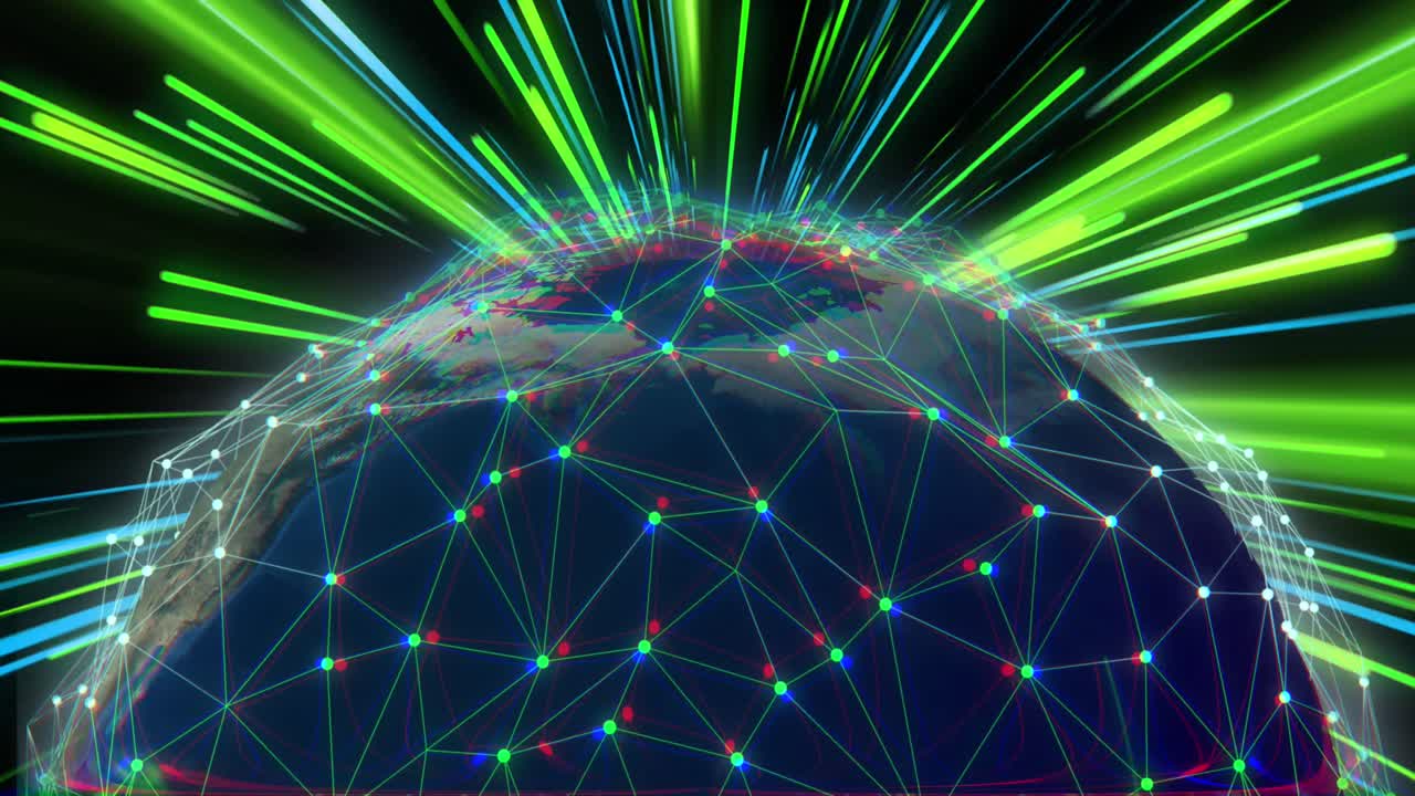 animación de la red de conexiones con el globo sobre senderos de luz de neón verde y azul