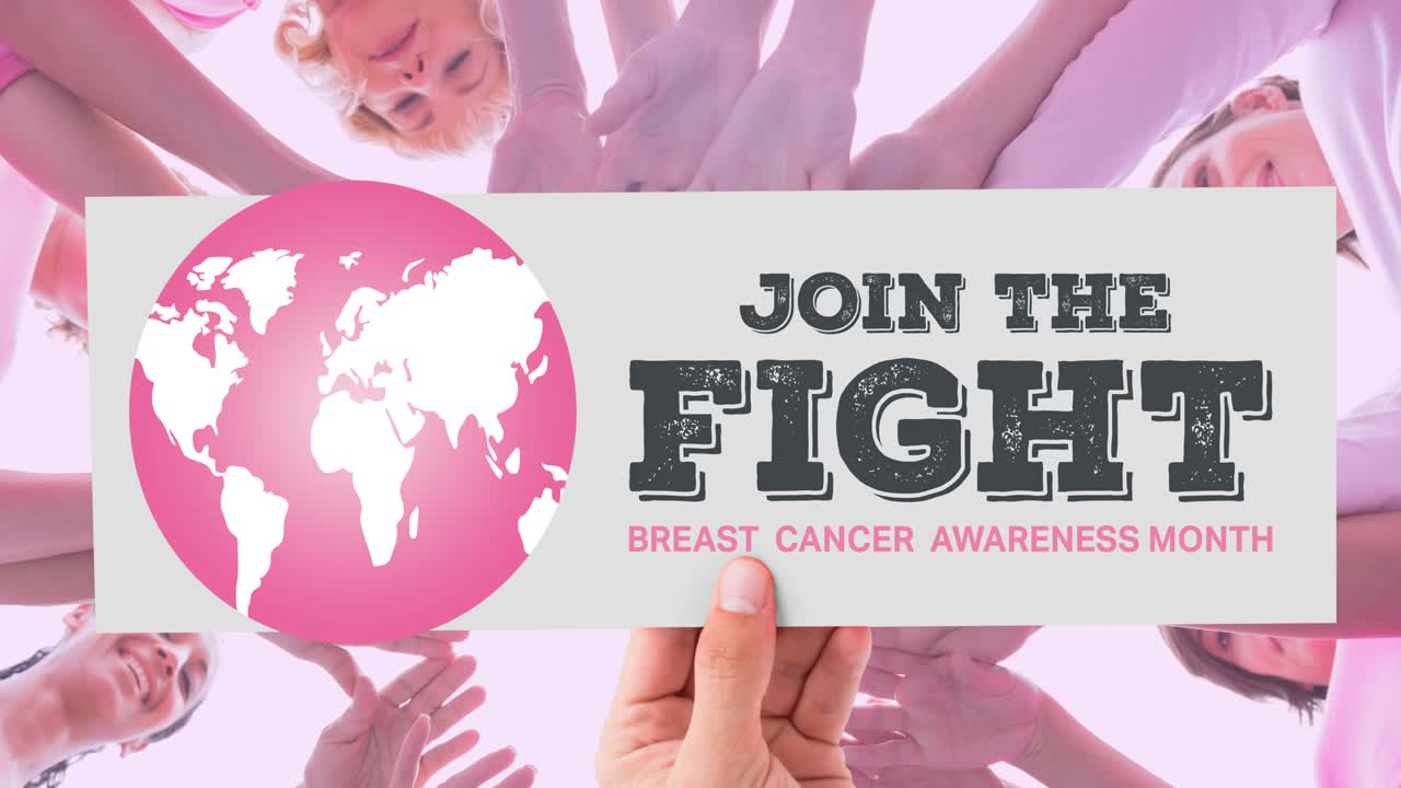 분홍색 글로브 로고와 유방암 텍스트의 애니메이션이 다양한 여성 그룹의 그룹 위에