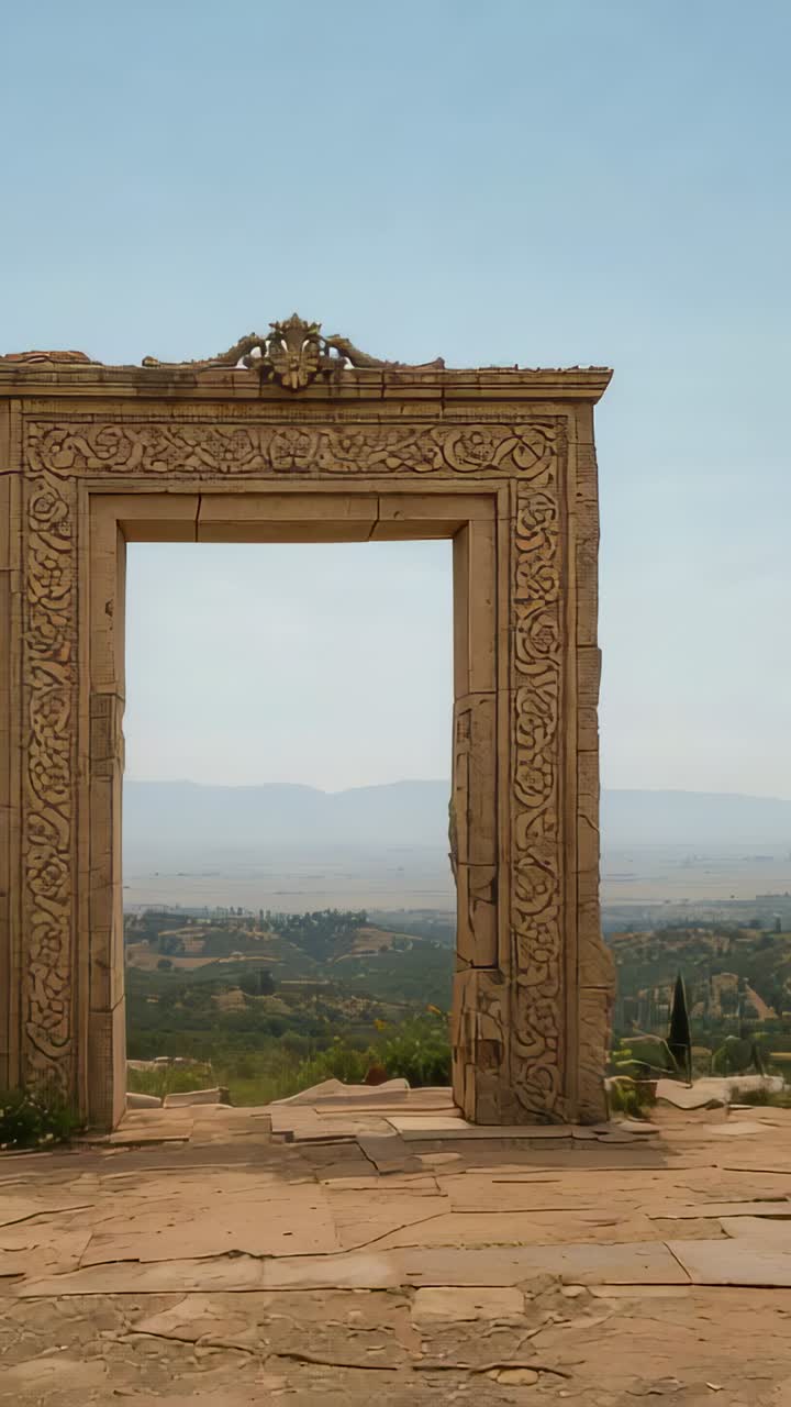 Video verticale: la camera si sposta delicatamente in avanti, rivelando un portone in pietra scolpita decorata su una terrazza, valle
