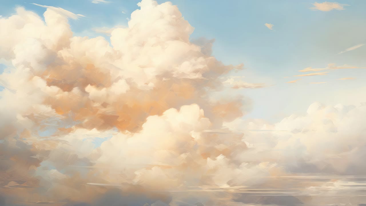 A serene video concept of fluffy clouds in a bright blue sky, captured from a low angle