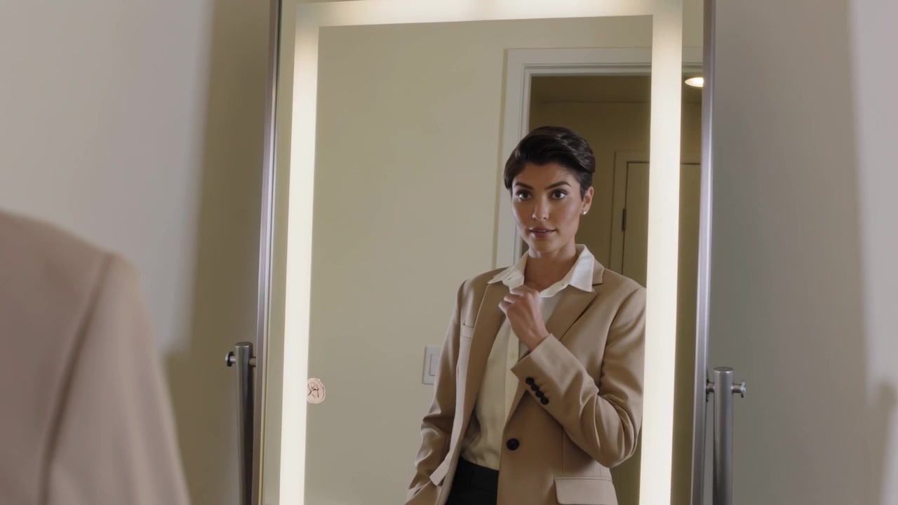 Vedendo il riflesso, una donna in blazer sistema il colletto, controllando la vestibilità nel camerino con uno specchio illuminato.