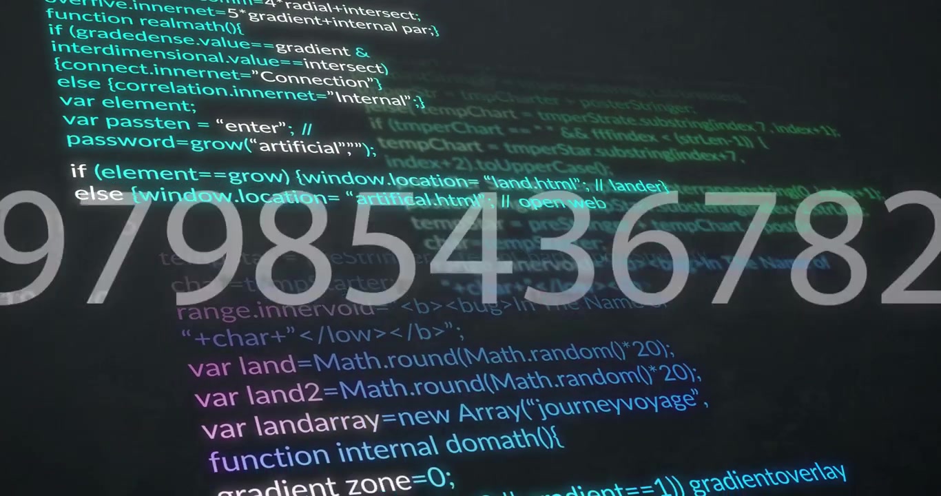 First white digit appearing layered code and numbers multiplying shifting scaling showing data flow