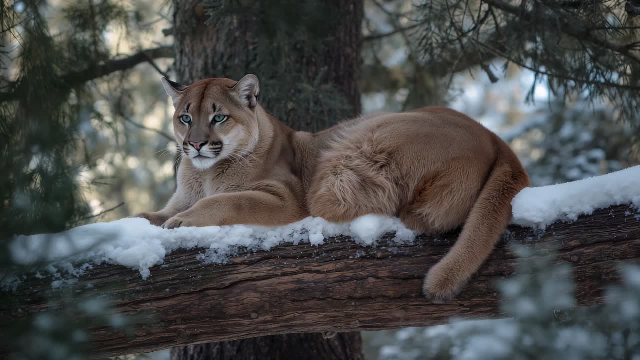 Leona de montaña que se da cuenta de la presencia de la cámara y gira la cabeza hacia el objetivo sobre una rama nevada en un bosque de pinos, ramas