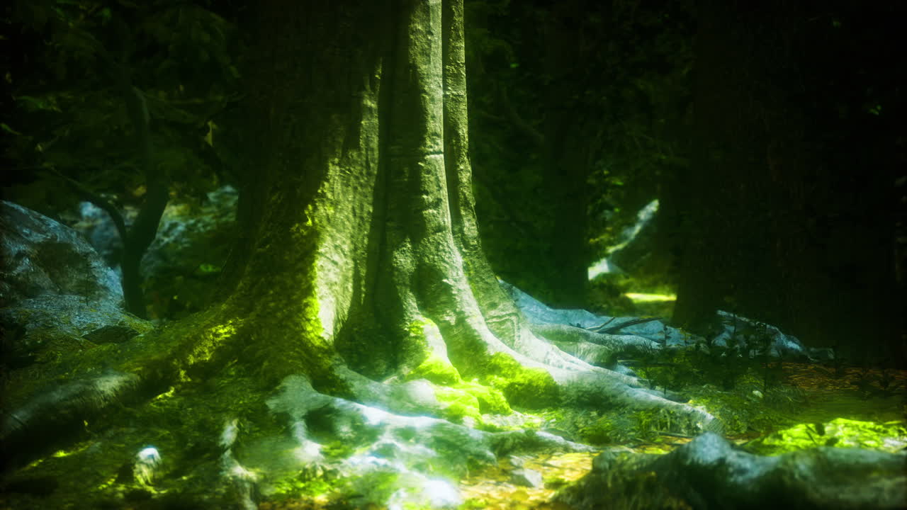 Majestic roots emerging from the forest floor basking in gentle sunlight
