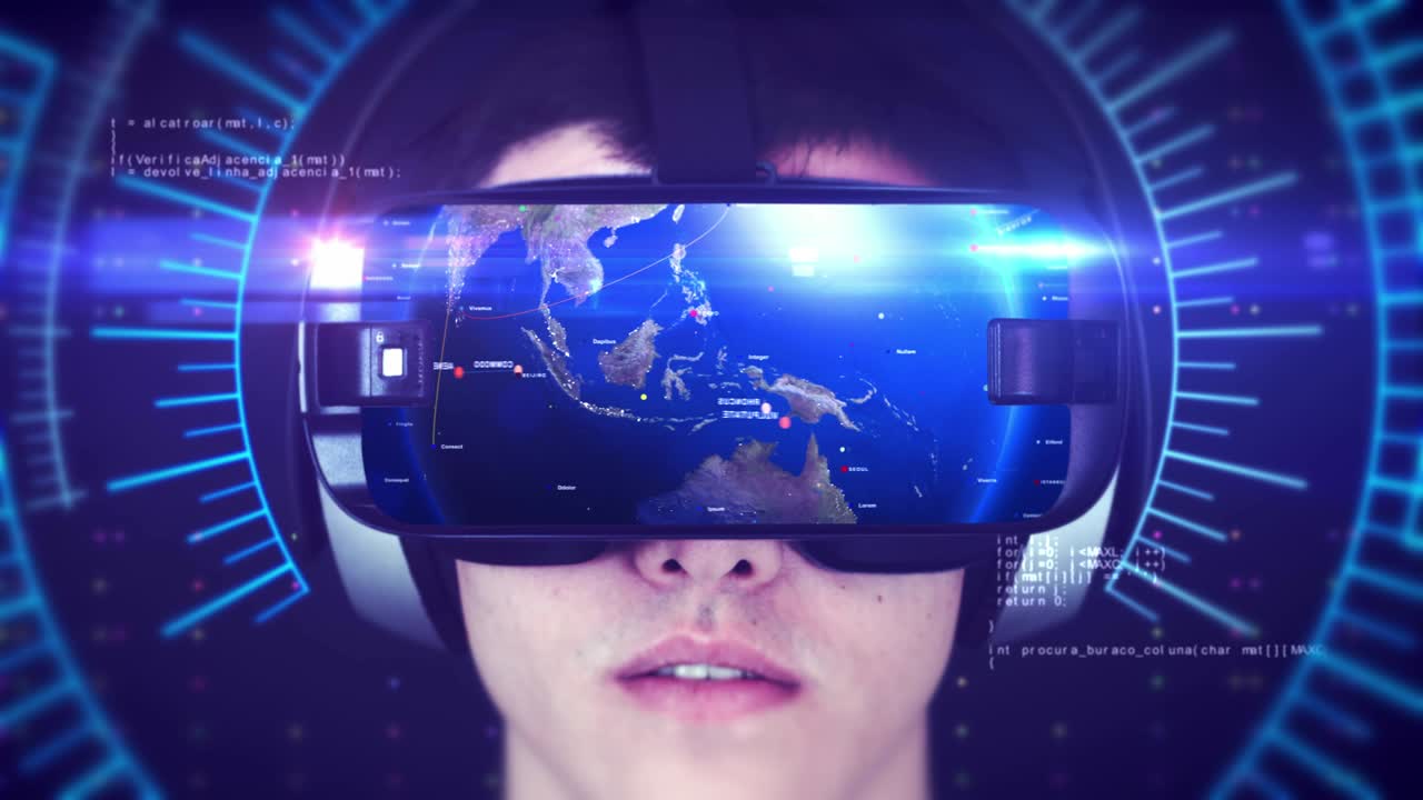 giovane uomo che indossa le cuffie vr e sperimenta la realtà virtuale 3d.