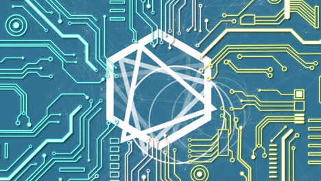 animación de la red de conexiones con figuras geométricas y placa de circuitos de computadora