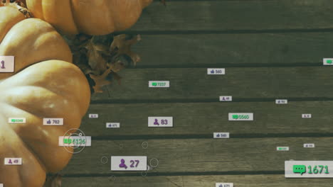 social media engagement animation over pumpkins and autumn leaves on wooden surface