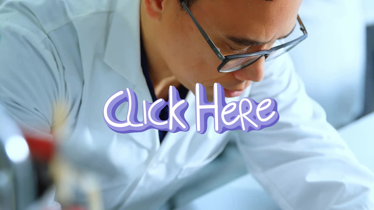 In lab, scientist wearing coat working with animation overlay on screen