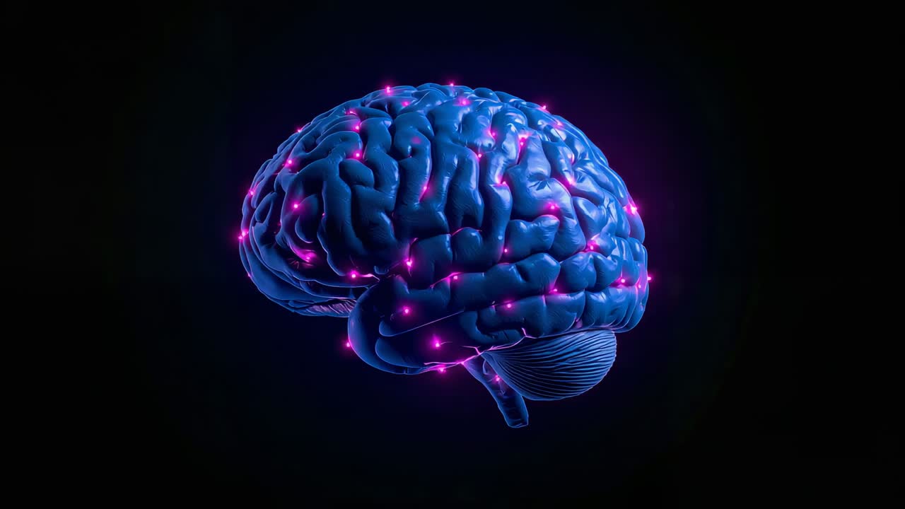 Turning 3D blue brain with pulsing pink nodes on cortex camera orbit revealing activity