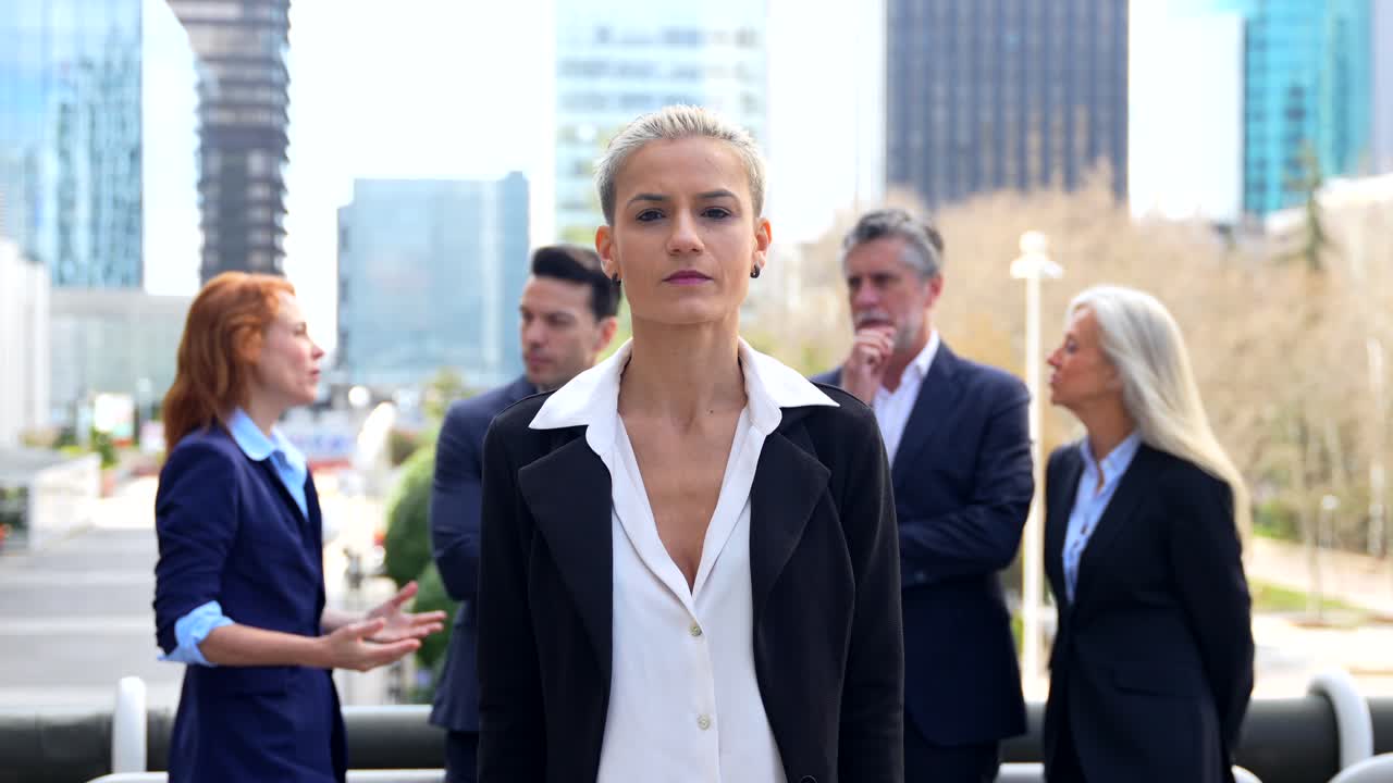 Business team in front of office building