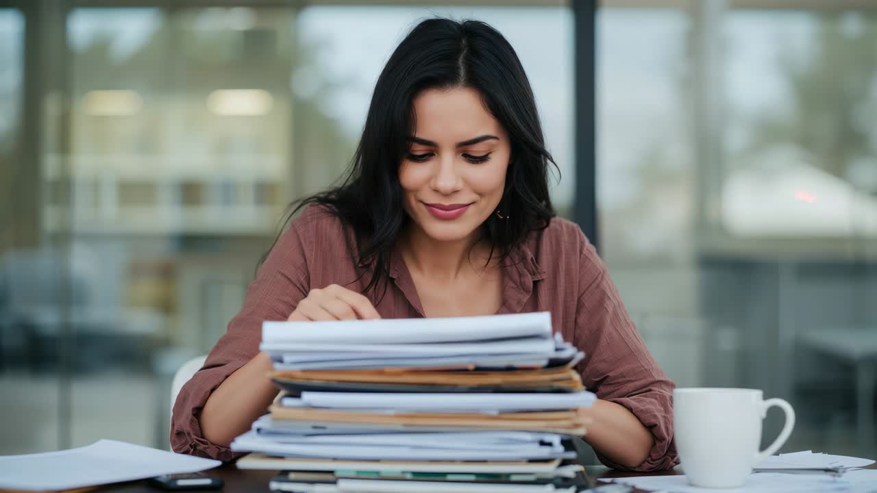 Glancing at top pile, woman in brown blouse sorting papers at table by window, organizing documents