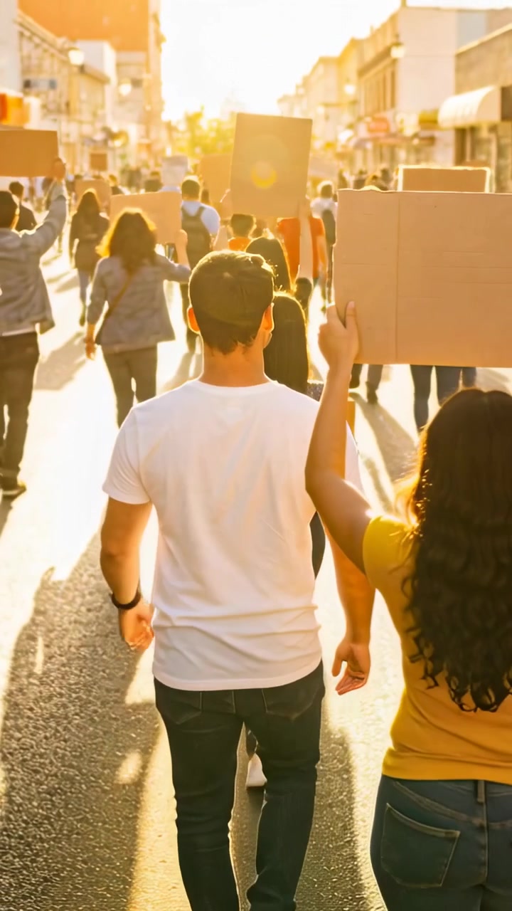 Video vertical: Mujer caminando de amarillo y hombre sosteniendo carteles en la calle, un retroceso de cámara revela una marcha