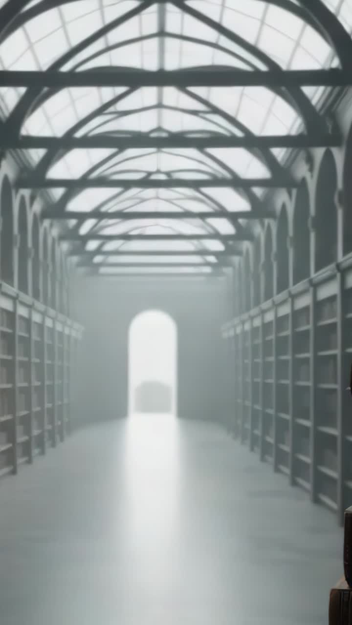 Vertical video: Streaming light by glass roof illuminating corridor, revealing steel trusses