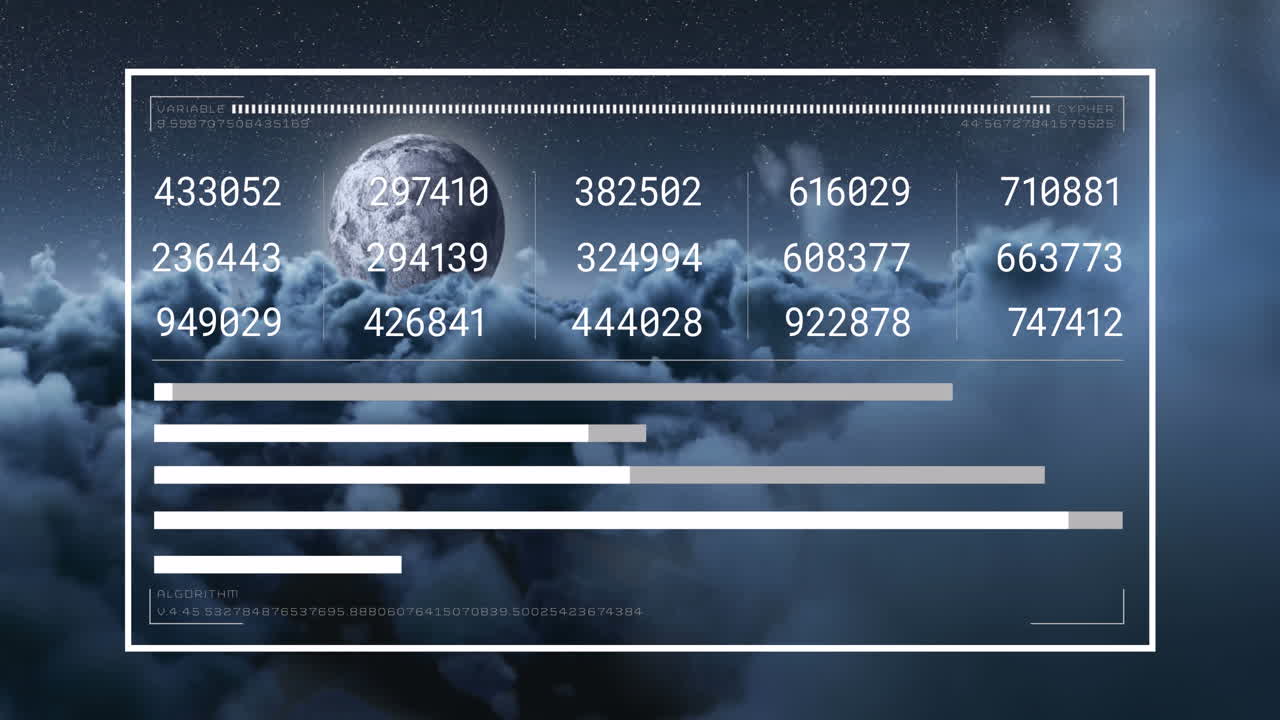 animación del procesamiento de datos financieros sobre el cielo con nubes