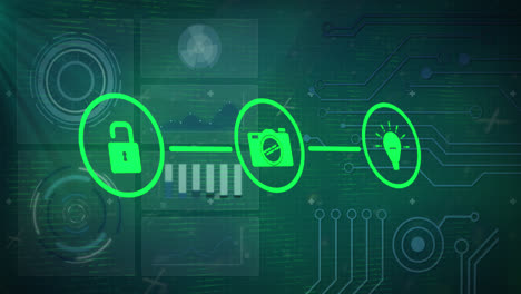 animation of network of digital icons against interface with data processing on green background