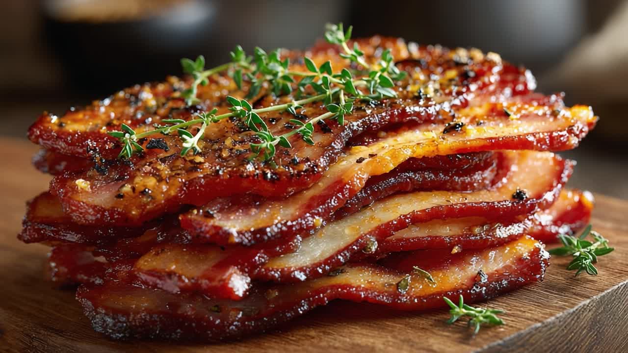 A Delicious Stack of Crispy, Seasoned Bacon Slices Garnished with Fresh Thyme, Perfectly Cooked to a Golden Brown, Ideal for Any Meal or Snack Time Indulgence
