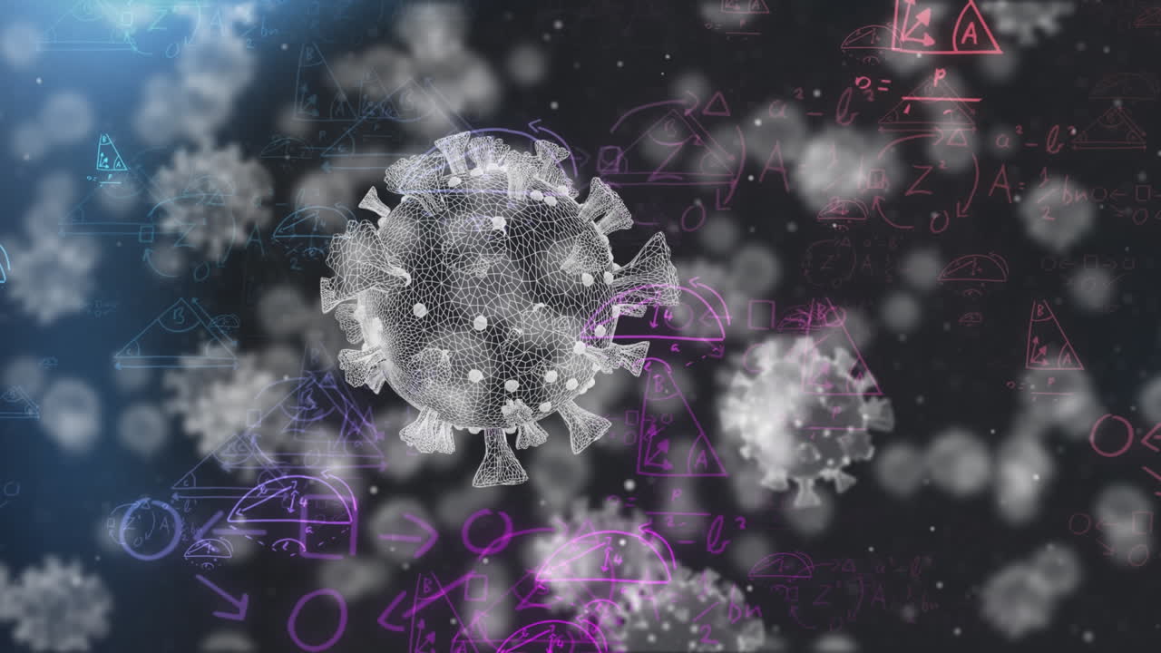 video compuesto digital de las células de covid-19 que se mueven contra ecuaciones matemáticas en el fondo